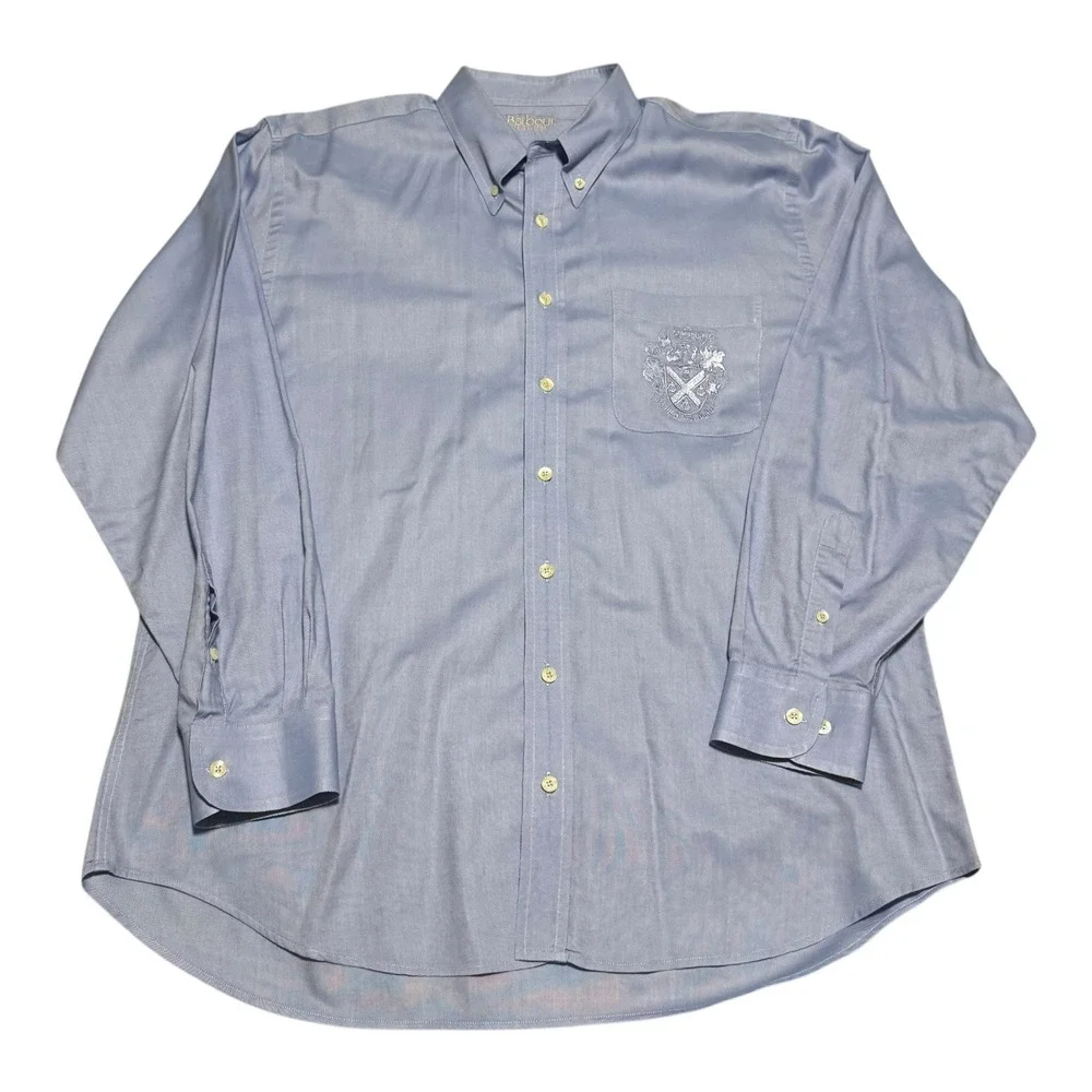 Barbour Embroidered Crest Pocket Blue Cotton Button Up Long Sleeve Men's Large